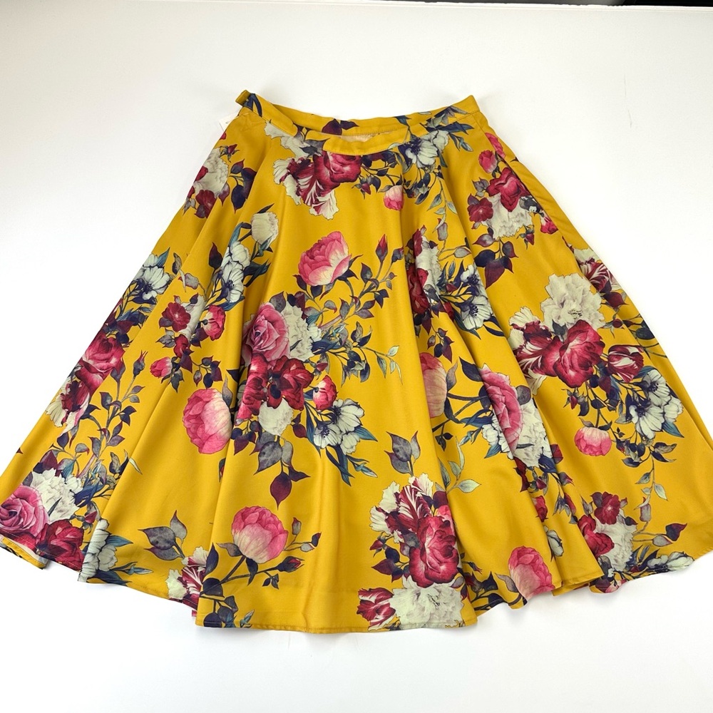 Myrtlewood Yellow Floral Swing Midi Skirt Womens Small circle Aline Flowy